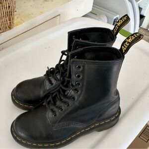 Dr. Martens Black Leather Combat Boots with Yellow Stitching